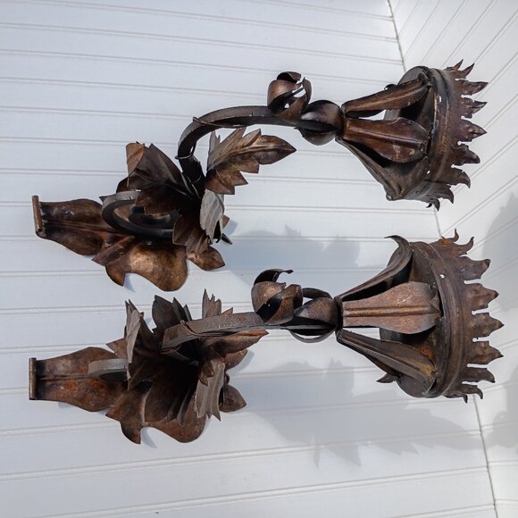 Large Metal Wall Sconces Candelabras Torch Candle Holder Mexican MCM Vtg 16 inch - Picture 3 of 16